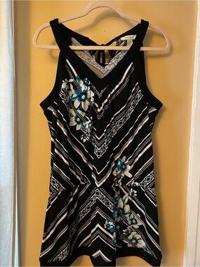 White House Black Market Black Tank with Blue and White Pattern